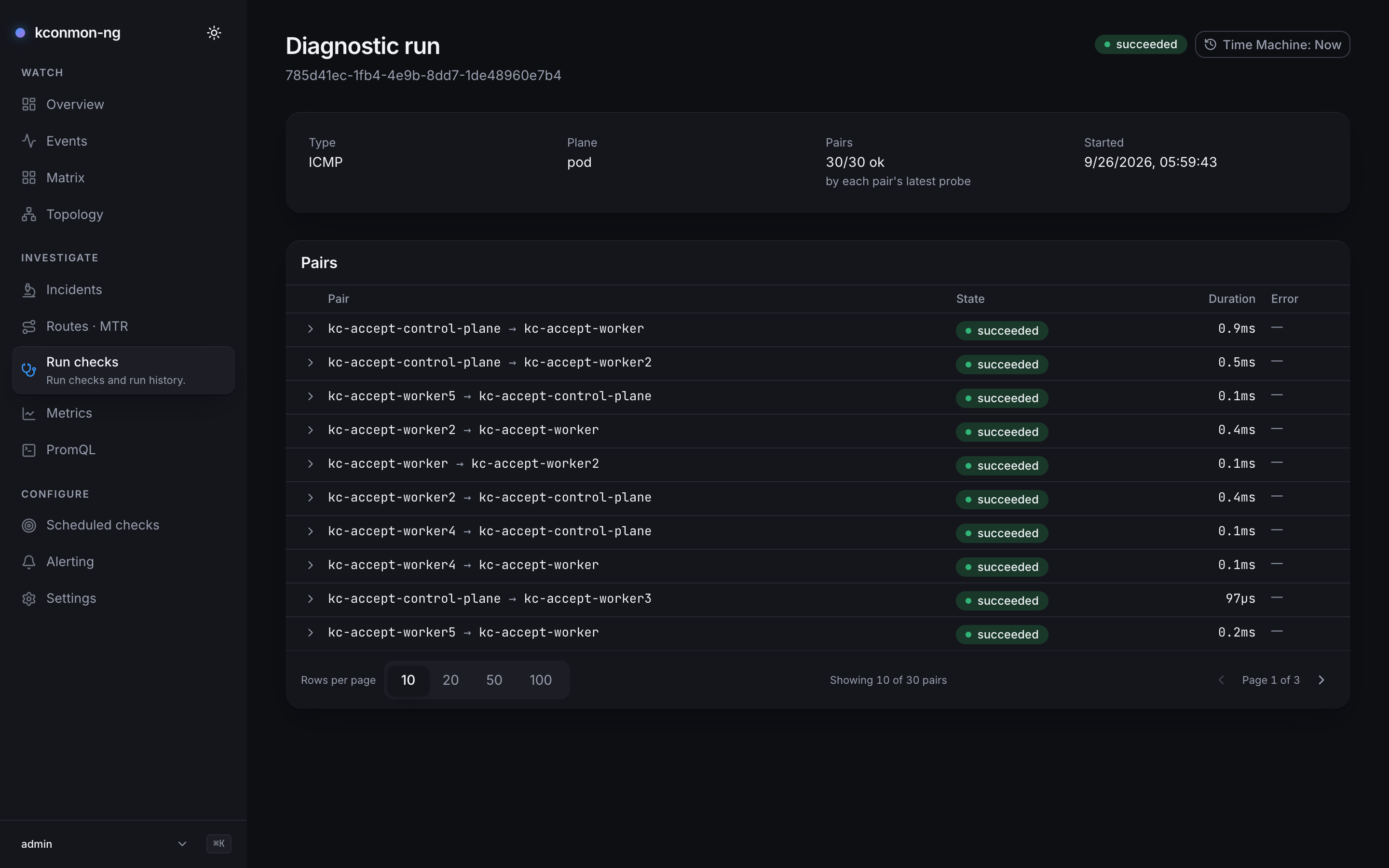 Permalink of a finished instant ICMP run: succeeded badge, Type ICMP, Plane pod, Pairs 30/30 ok, the first page of pair rows each succeeded with a duration between 97µs and 0.9ms, Showing 10 of 30 pairs, Page 1 of 3