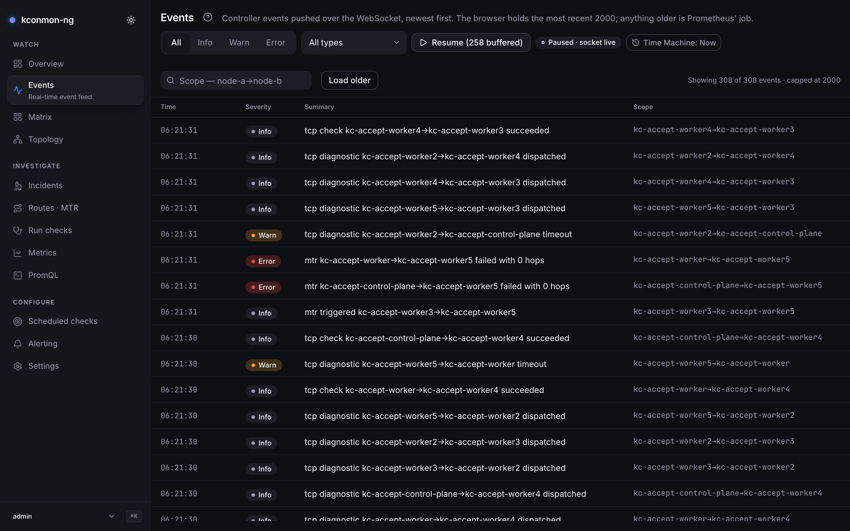The feed paused: a Resume (258 buffered) button, the badge reading Paused · socket live, Showing 308 of 308 events · capped at 2000 on the Load older line, and the rows frozen at 06:21:31