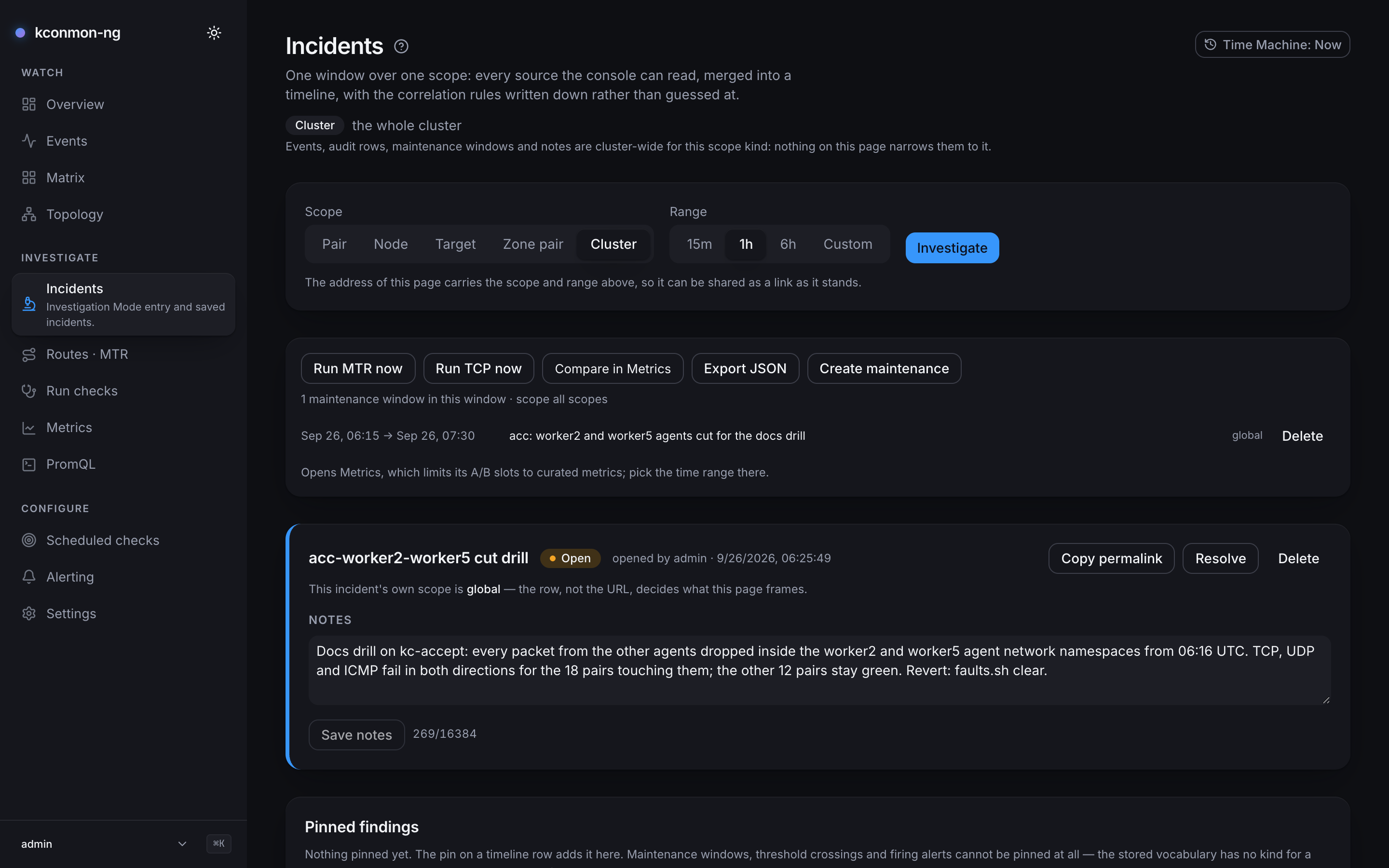 A saved incident opened by permalink: Cluster scope over a 1h range, the action row with one global maintenance window listed (Sep 26, 06:15 → Sep 26, 07:30), and the incident strip for acc-worker2-worker5 cut drill with Open status, opened by admin at 9/26/2026, 06:25:49, Copy permalink, Resolve, Delete and editable notes (269/16384) with Save notes, above the Pinned findings card