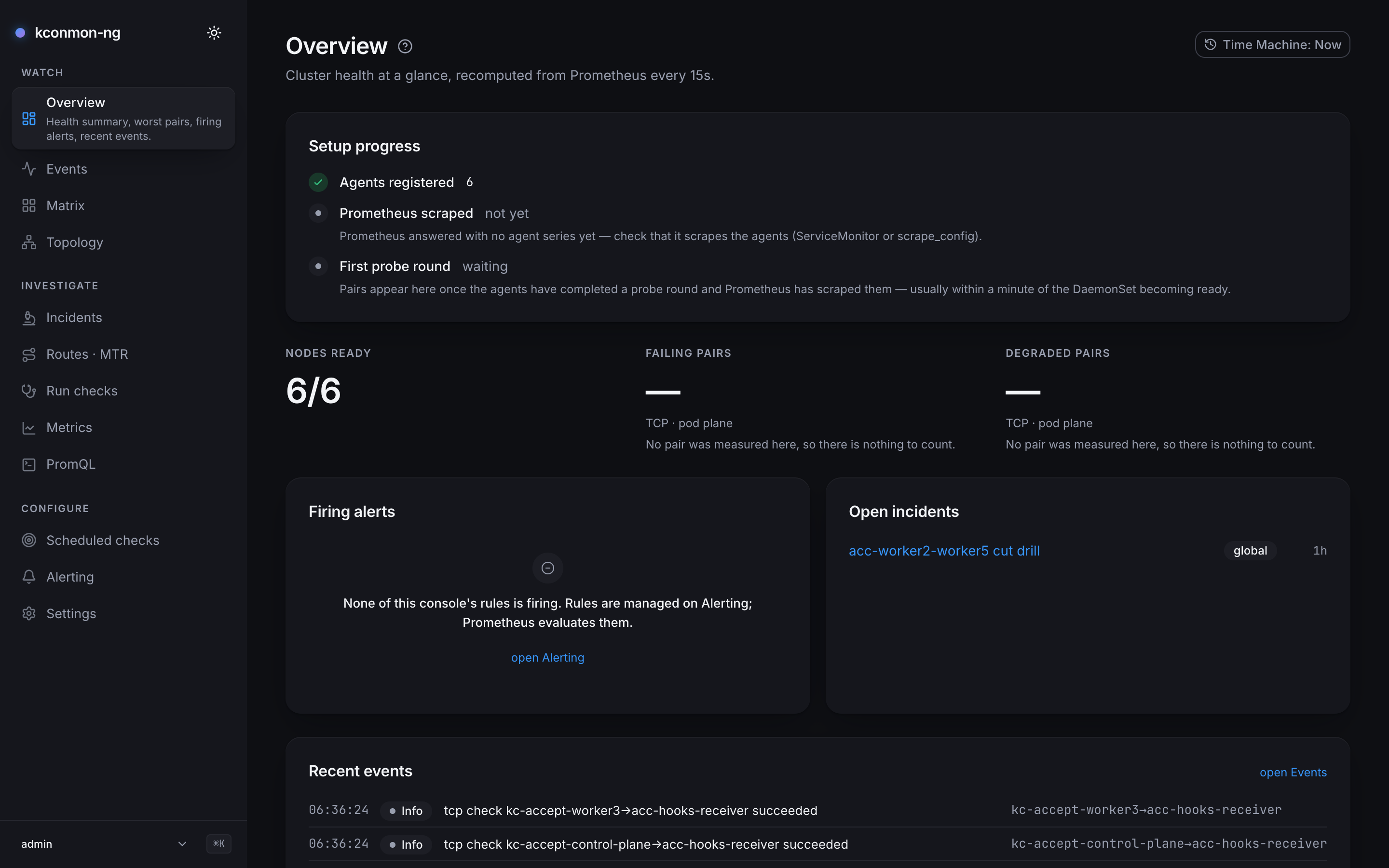 Overview on an install whose Prometheus has no agent series yet: the Setup progress card (Agents registered 6, Prometheus scraped not yet, First probe round waiting), 6/6 nodes ready, pair tiles showing dashes with No pair was measured here, no firing alert, and, since this install has a database, the Open incidents panel with acc-worker2-worker5 cut drill and Recent events rows