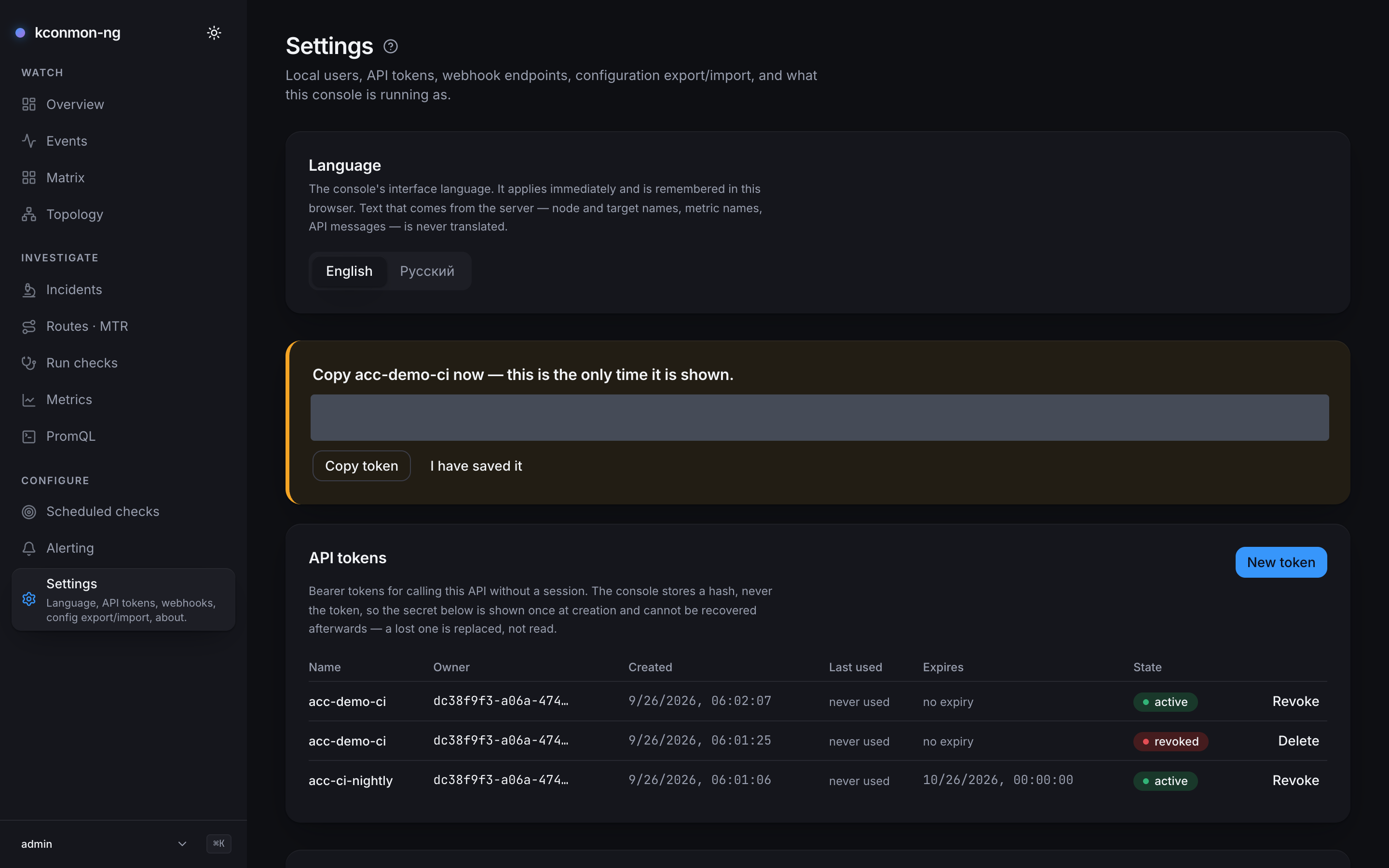 Settings: the Language switch, then the token-created panel telling you to copy acc-demo-ci now because this is the only time it is shown, with the token value painted over, Copy token and I have saved it, above the API tokens table listing three tokens owned by the admin user's ID: acc-demo-ci active and an older acc-demo-ci revoked, both never used with no expiry, and acc-ci-nightly active, never used, expiring 10/26/2026, with Revoke or Delete actions