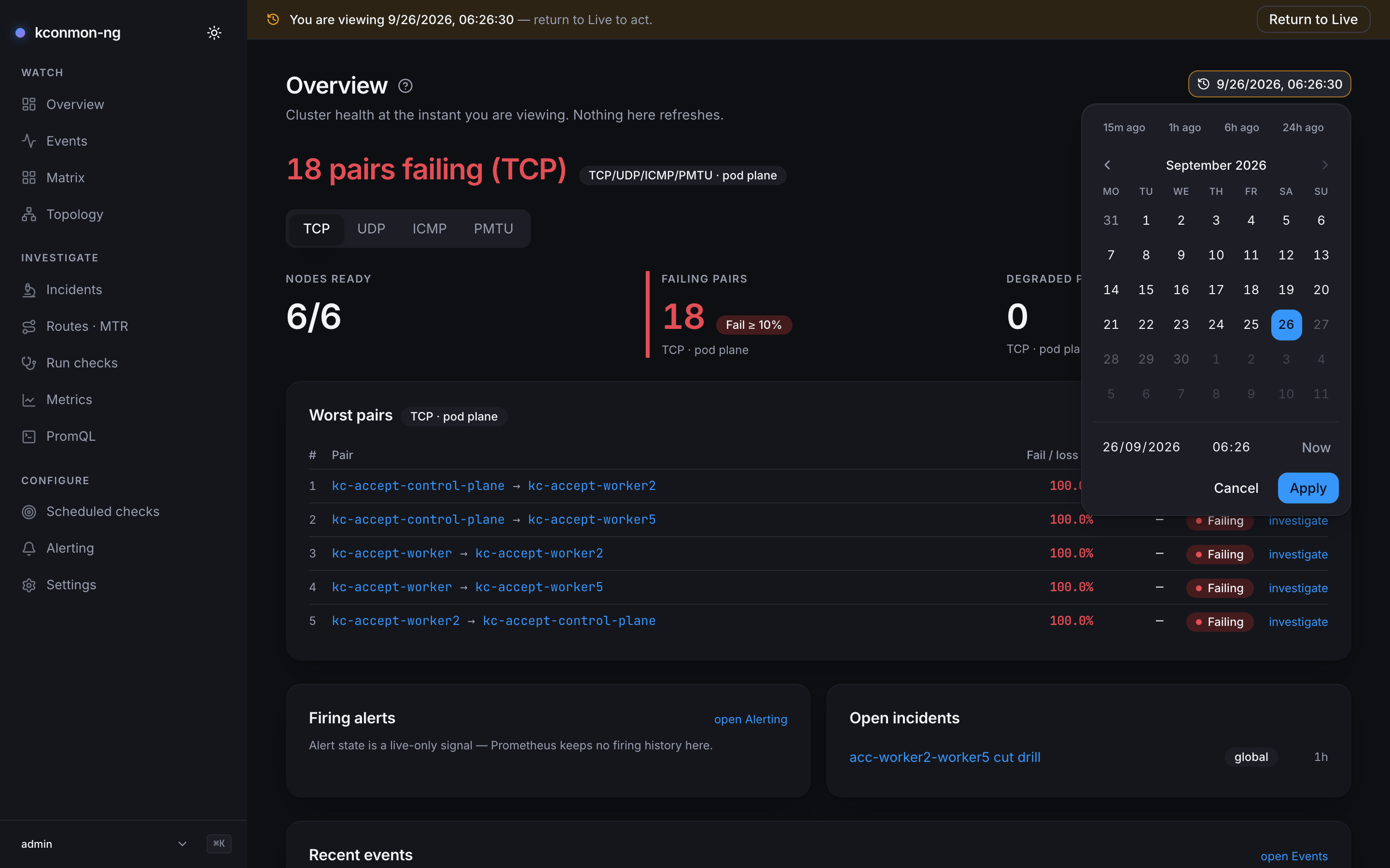 Overview with the Time Machine engaged at 9/26/2026, 06:26:30: the amber banner You are viewing … return to Live to act with a Return to Live button, 18 pairs failing (TCP), 6/6 nodes ready, 18 failing pairs, the Worst pairs table at 100.0% led by kc-accept-control-plane → kc-accept-worker2, the Firing alerts panel saying alert state is a live-only signal, the open incident acc-worker2-worker5 cut drill, and the time picker popover open with 15m ago, 1h ago, 6h ago and 24h ago presets, a September 2026 calendar with the 26th selected, date and time fields, Now, Cancel and Apply